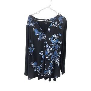 Lane Bryant Black Blue Floral Long Sleeve Blouse Size 26